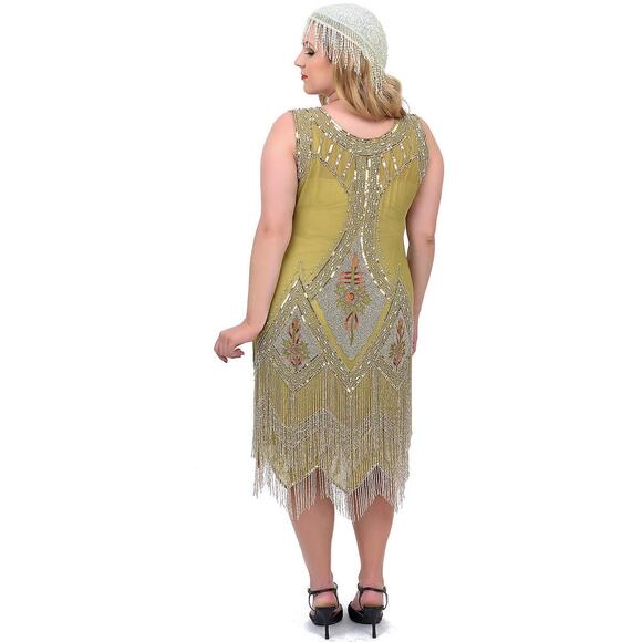 Unique Vintage 1920s Green & Silver Embroidered & Hand Beaded 
Flapper Dress (L) - Picture 2 of 9